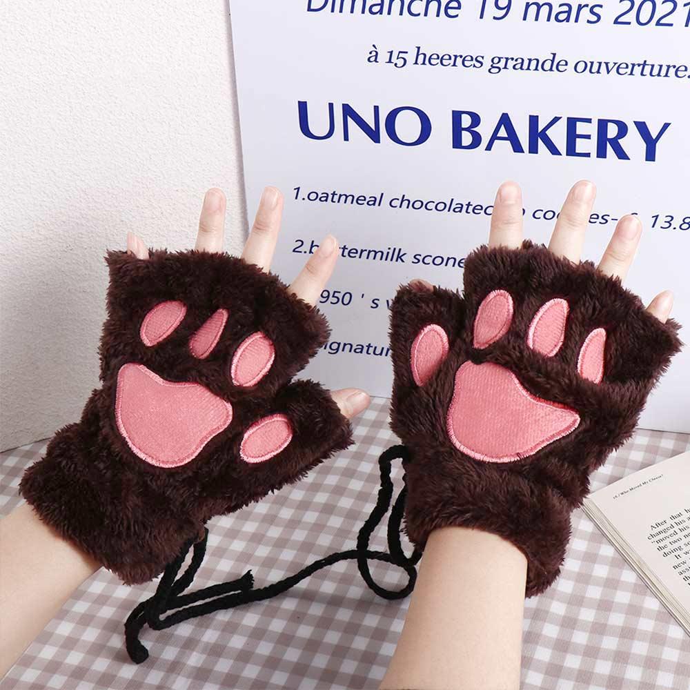 Cute Girl Lovely Claw Cat Plush Warm Fluffy Soft Bear Paw Fingerless Winter Gloves
