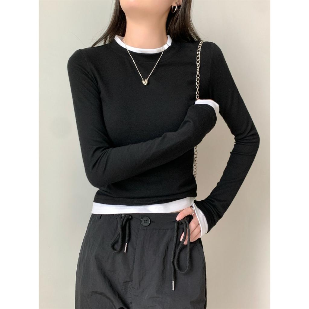 Design Sense Tricouri cu mânecă lungă slim fit două piese false pentru femei, toamnă gât rotund pulover versatil