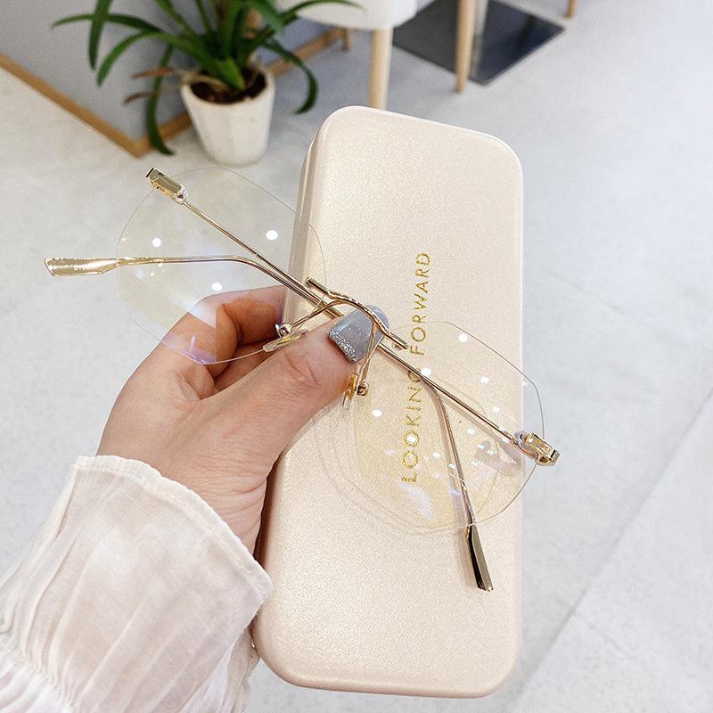 Fashion Rimless Glasses Women Retro Anti -Blue Light Computer Eyeglasses Transparent Clear Lens Vintage Metal Polygon Spectacle