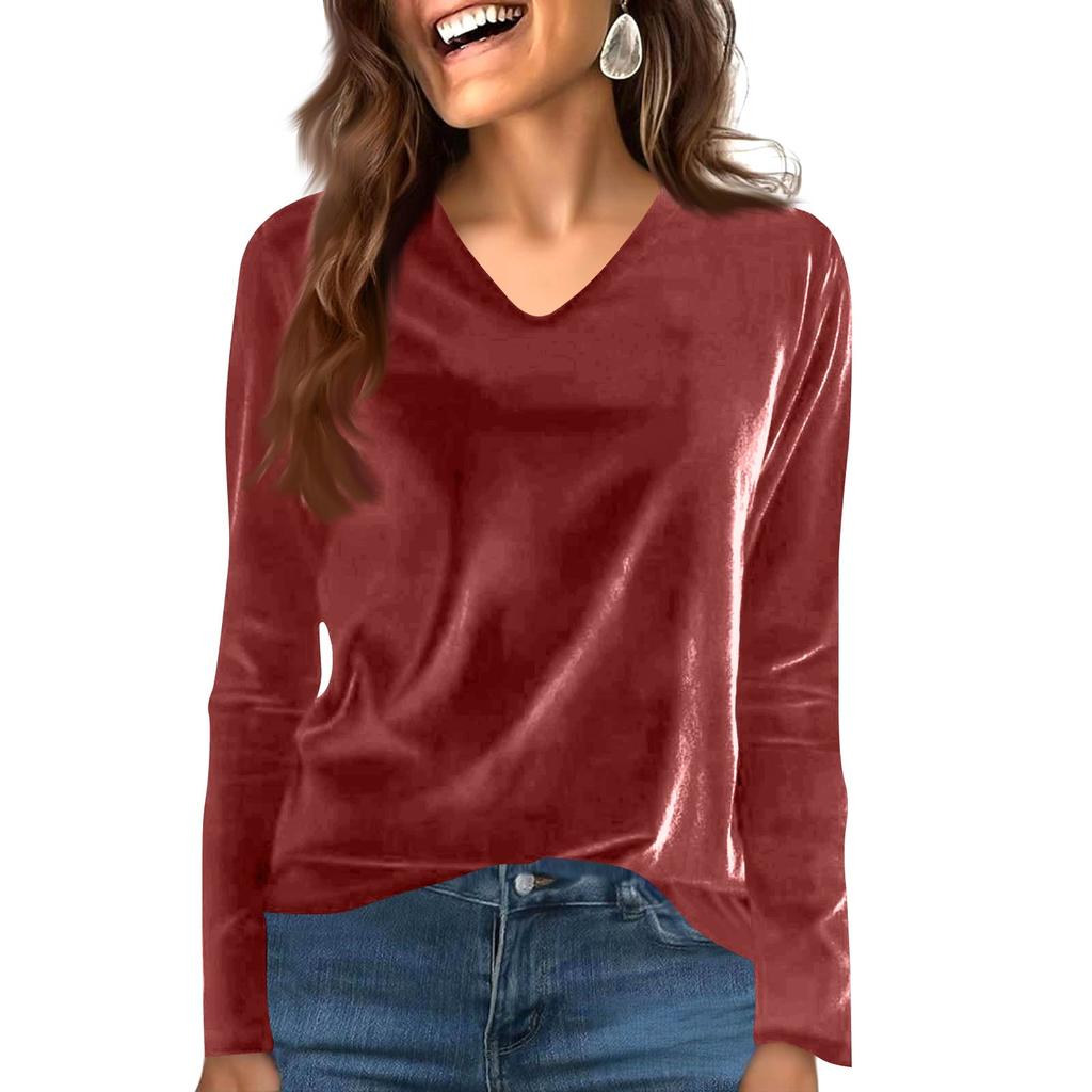 Women's Fashion Casual Velvet Solid Colour V-Neck Long-Sleeved T-Shirt Top