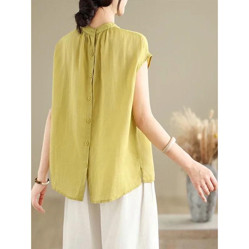 Women s Stylish Hong Kong Sleeveless Linen-Cotton Vest Top L жёлтый