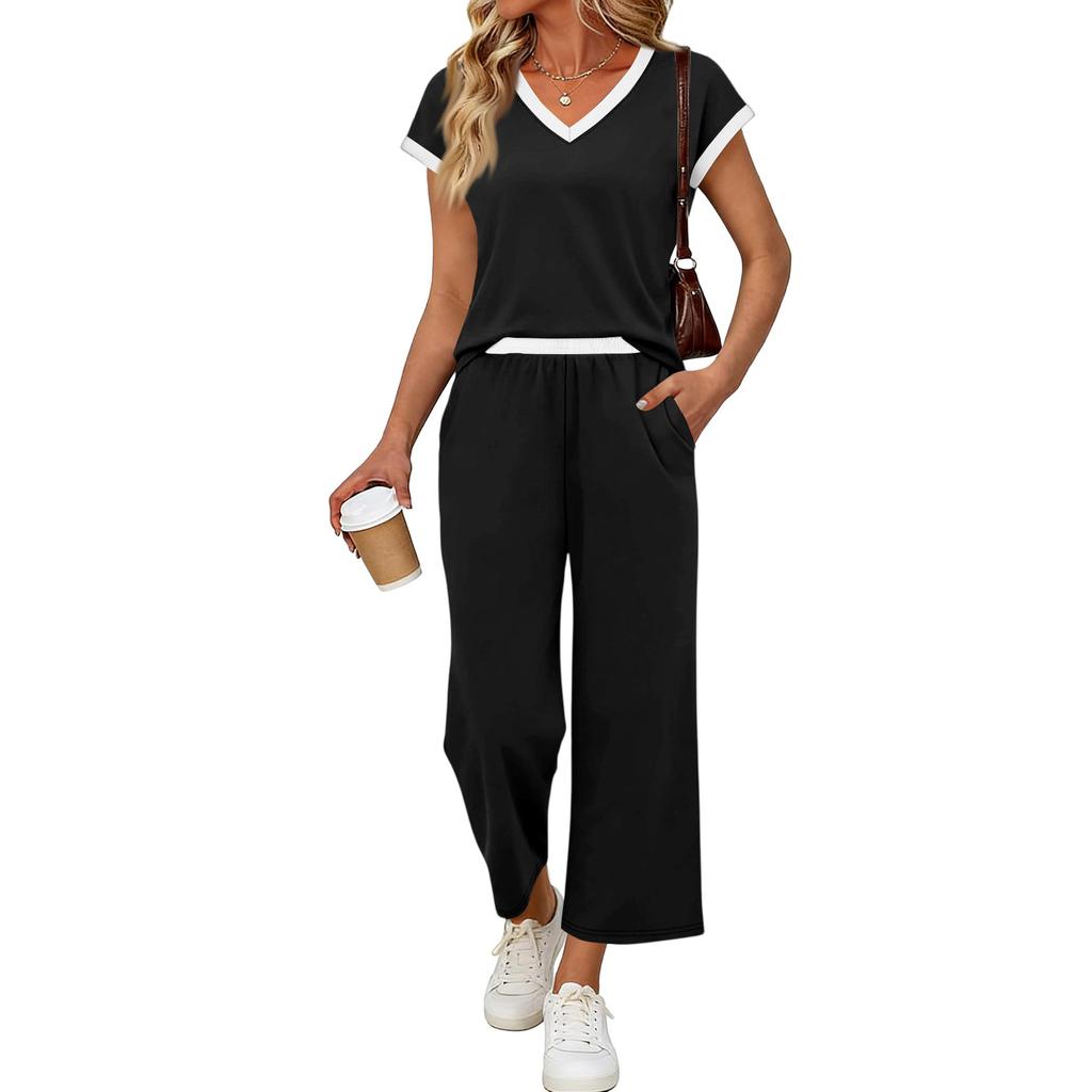 Women Two Piece Set Casual Outfits V Neck Short Sleeve Top Elastic Waist Pants Lounge Wear Set for Travel Relaxed Fit