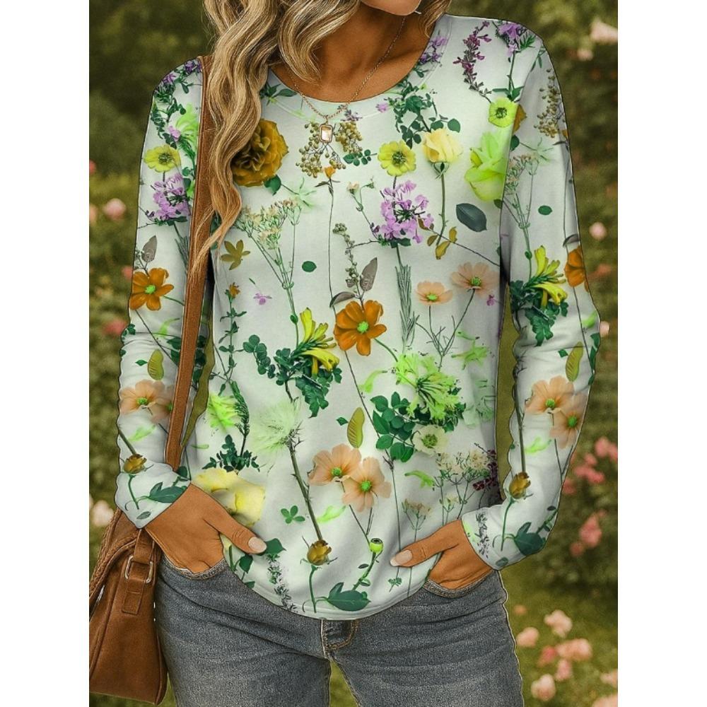 Tops for Women Floral Print Round Neck Long Sleeve T-shirt Fall Casual Slim Pullover Women's Long Sleeve Top