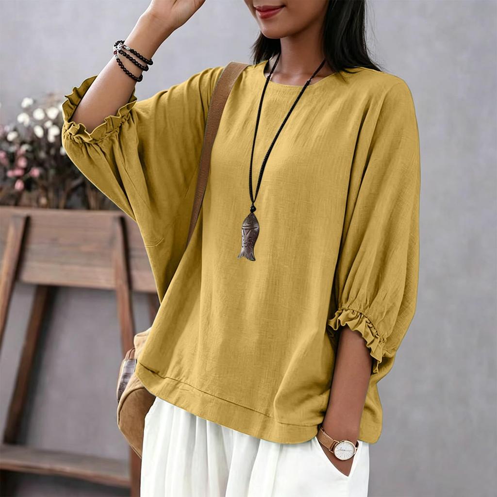 Damen Freizeit Bluse Lockere Passform Laternenärmel Rundhalsausschnitt Oberteil Leichter Bequemer Stoff Stilvolles Design für den Alltag