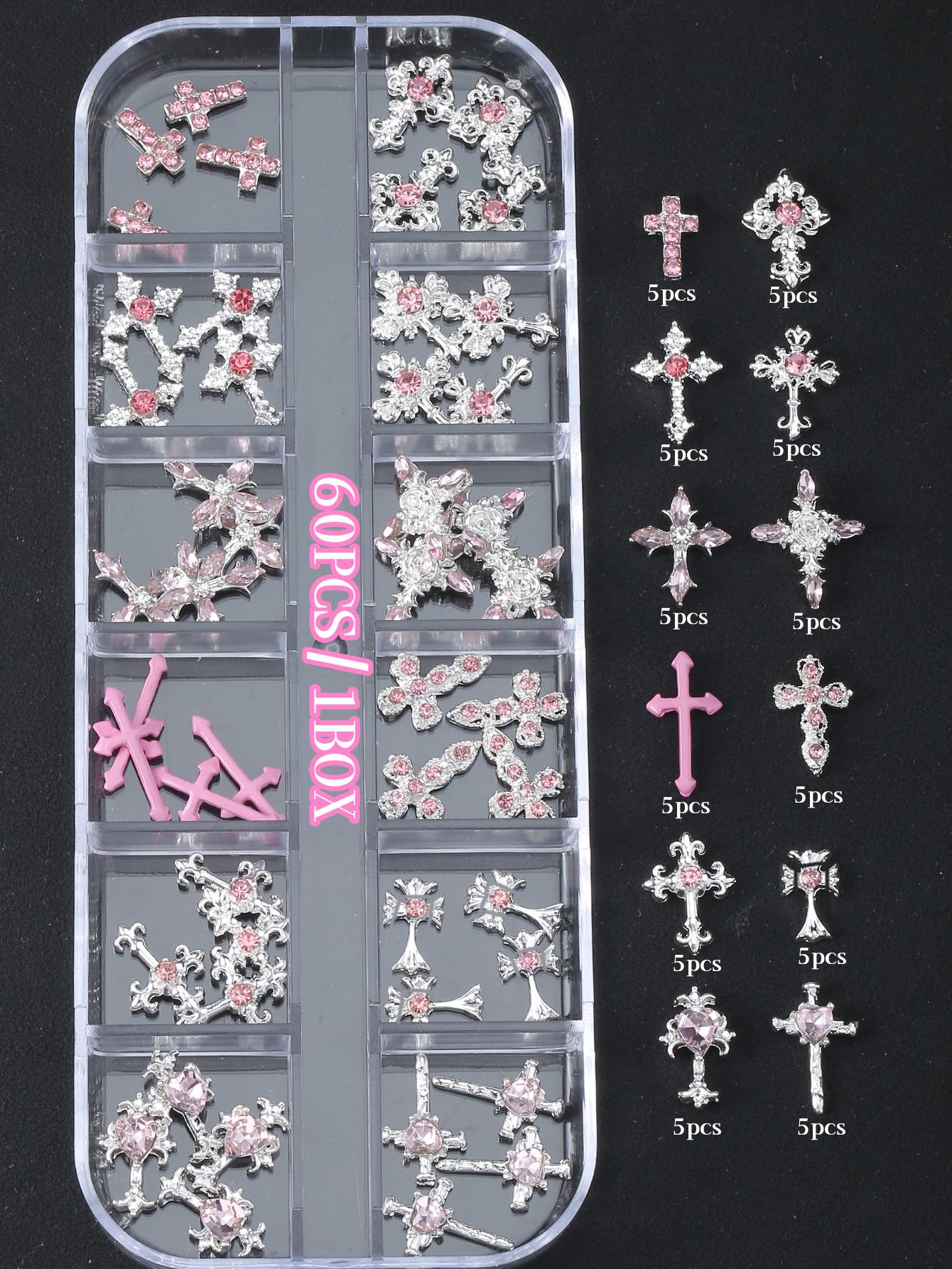 

Серебряные крестики для ногтей 1 коробка(60pcs) 3D День святого Валентина Сплав 2025 Подарок Для Девочек