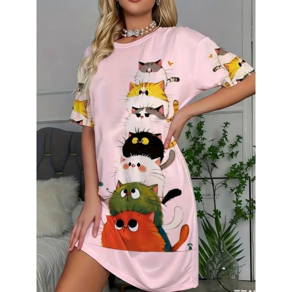 Robe d'été courte à manches courtes imprimée, motif animal créatif et amusant de dessin animé, grande taille, décontractée, confortable, douce pour femme