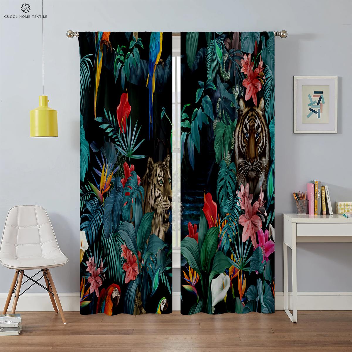 

Cartoon Print Curtain Panels Tropical Vegetation Animal Cartoon Bedroom Living Room Kids Bedroom Ornamental Curtains W50xH130(CM)x2PCS&Grommet Top