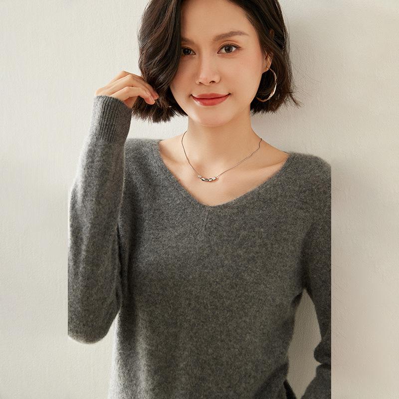Women's V-Neck Cashmere Sweater - Slim Fit, Hollow Knit Pullover for Autumn/Winter