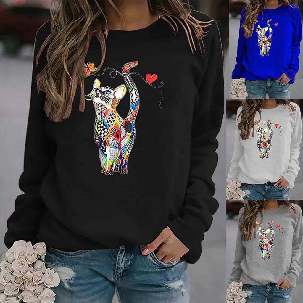 Women's Hooded Cat Print Sweatshirt Long Sleeve Top Women