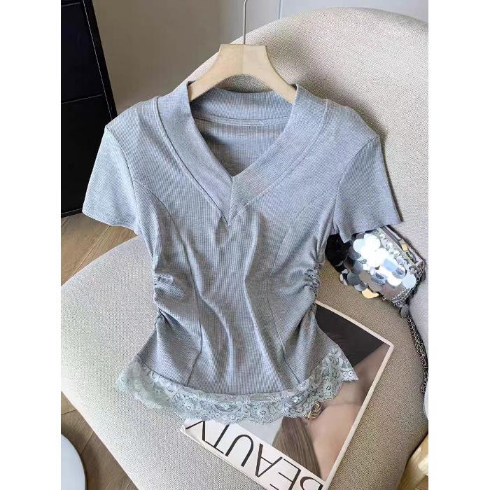 Summer small fragrant wind lace deep v-neck short-sleeved T-shirt for female spice girls to wear, waist and thin top ins