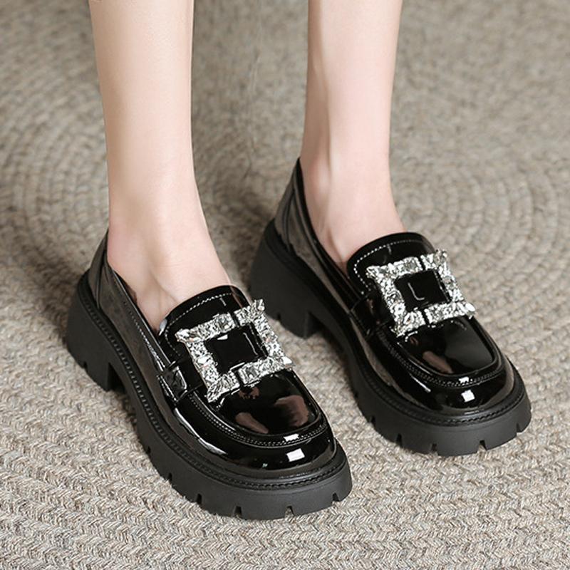 Mode Plateau-Loafer mit dicker Sohle Damen Glitzernde Kristall-Flats Kleine Lederschuhe Damen Klobige Absätze Oxfords Uniform JK Sneaker