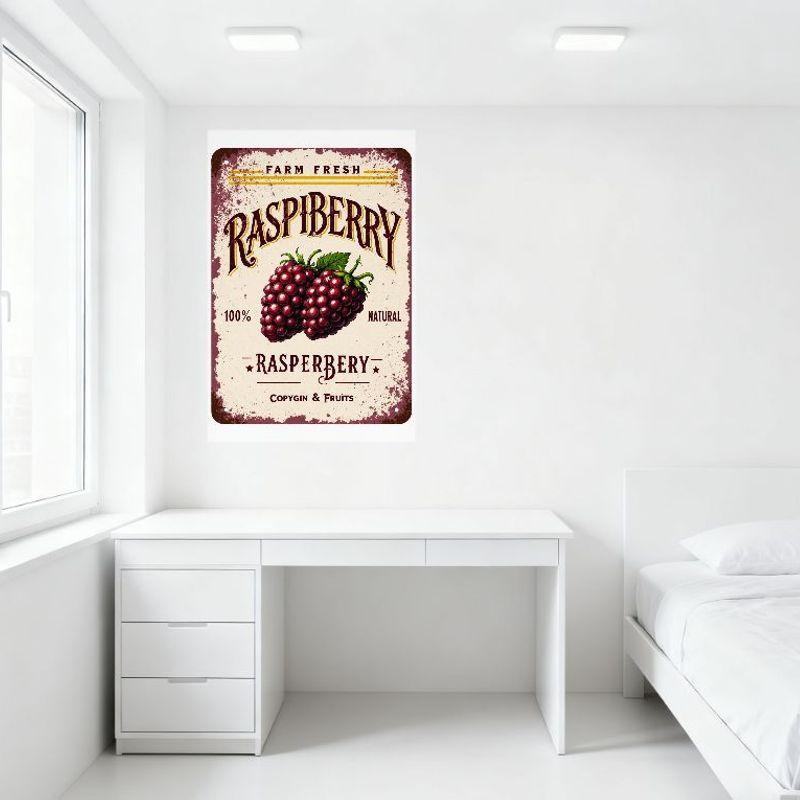 Vintage Farm Fresh Raspberry Metal Tin Sign - 100% Natural Retro Wall Decor with Realistic Raspberry Illustrations for Café Home
