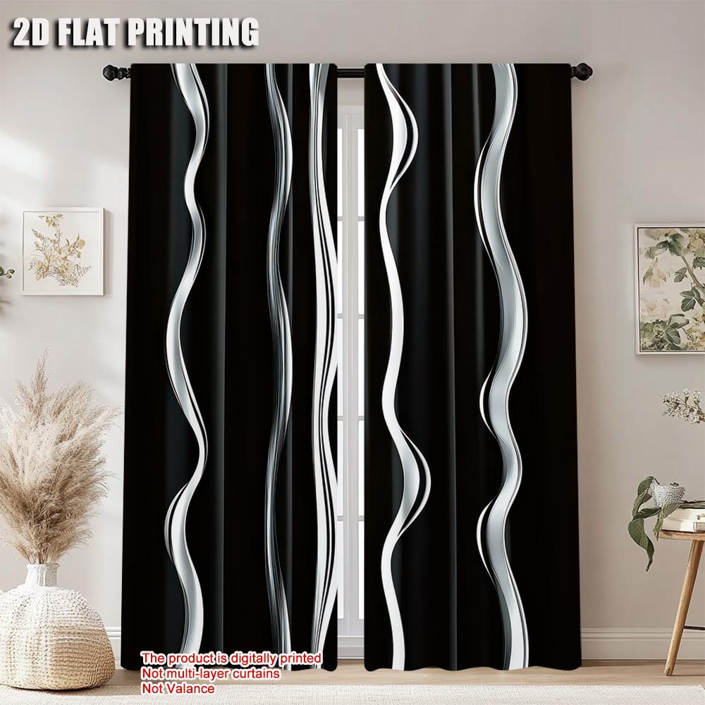 Set Of 2 Black White Stripes Polyester Curtain Bedroom Living Room Decor Fashion Semi Sheer Ideal For Great
