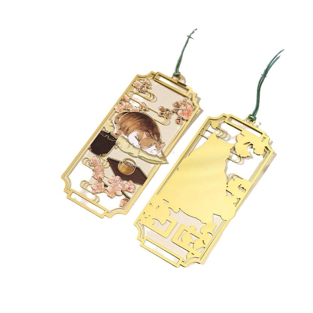 Chinese Style Hollowed Cat Bookmark Tassels Flower Retro Metal Reading Bookmark Creative Book Page Marker Birthday Gift