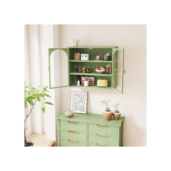 Armoire Murale Moderne À Double Porte Avec Portes Vitrées De 70 Cm, Comprenant Trois Étagères De Rangement, Verte.