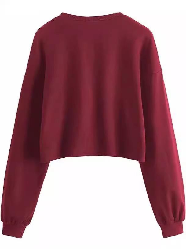 2024 Autumn/Winter Women's Solid Color Plus Velvet Loose Round Neck Short Hoodie