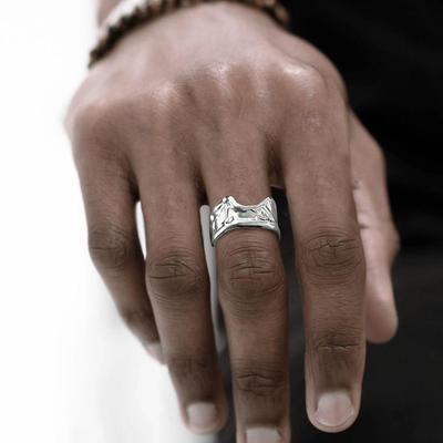 Stainless Steel Minimalist Volcanic Lava Texture Adjustable Open Couple Ring