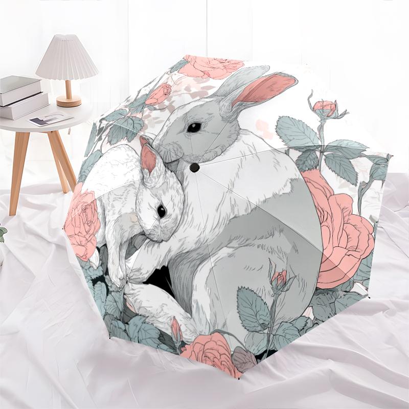 Cartoon Rabbit pattern, automatic folding umbrella, portable and foldable design, 8 ribs, a Christmas or birthday gift.