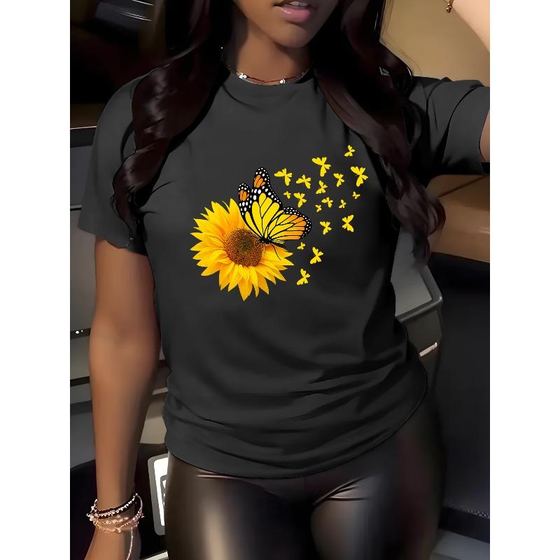 

European Size Women s Short-Sleeve T-Shirt - Butterfly & Sunflower Print Round Neck Blouse, Non-Transparent Opaque Fabric, All-Season Casual TopBlouse 4XL