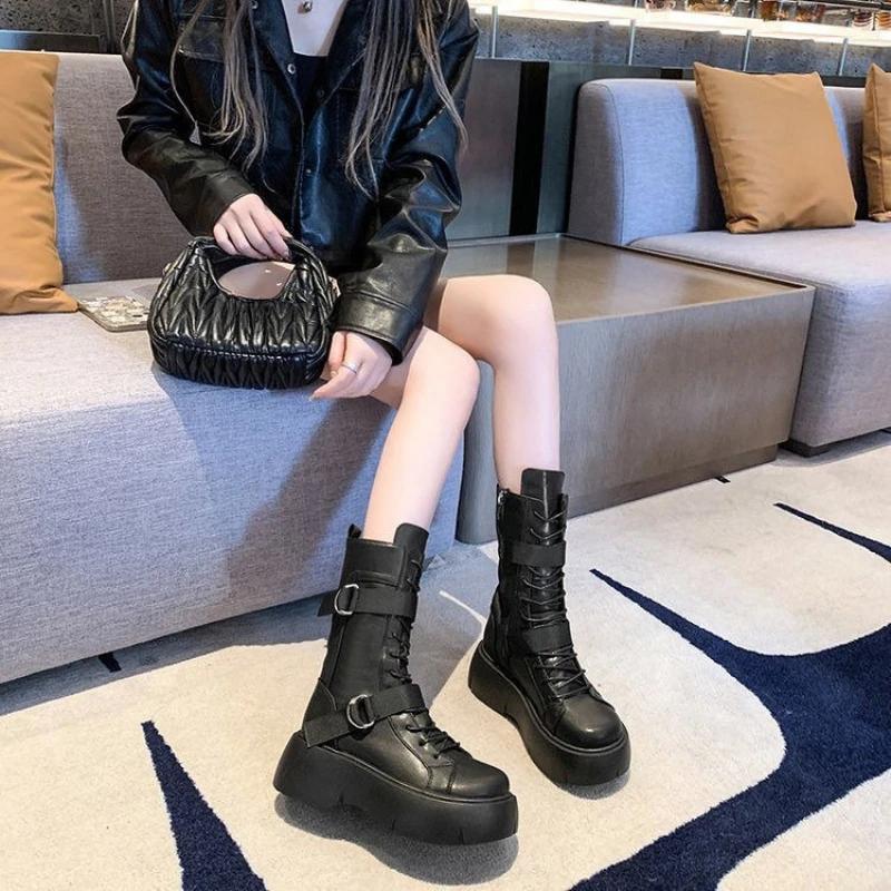 Fashion Round Toe Platform Women's Half High Boots on Promotion Trend 2025 Demi-season New Rock Goth Waterproof in Ladies Mid Calf Shoes