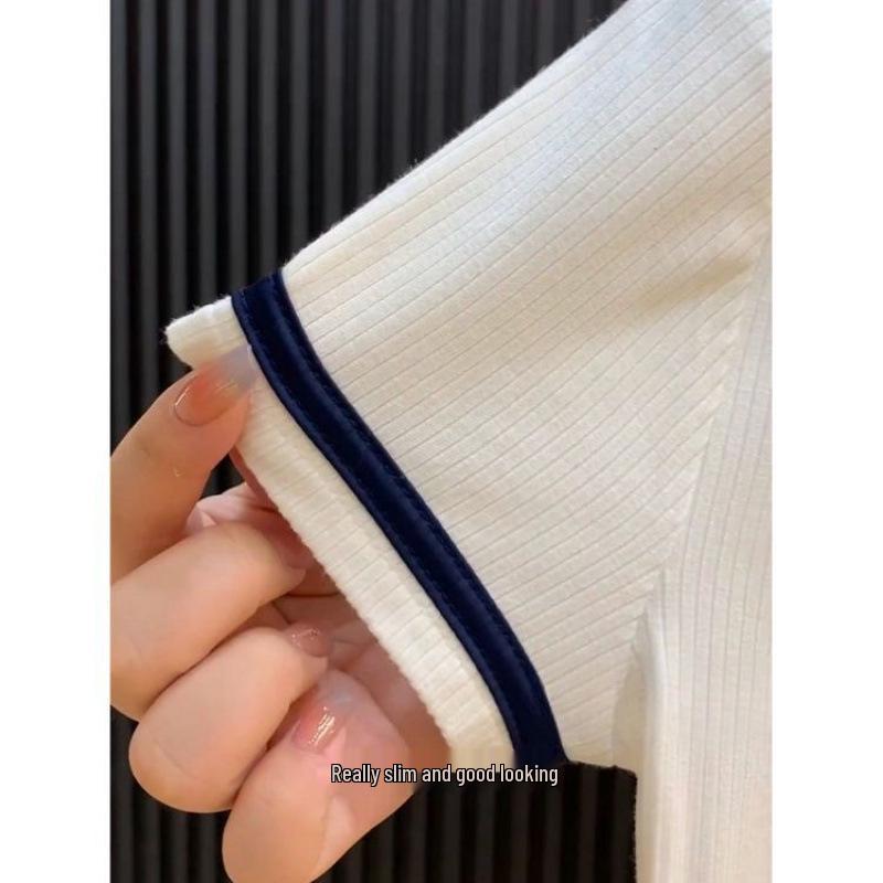 Contrasting Color Polo Collar Short Sleeve Women's Top - New Summer Style