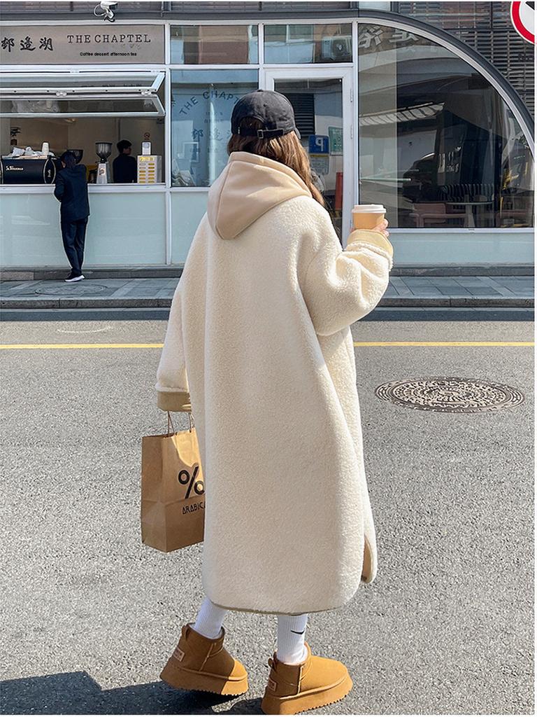 Jasnoszary Płaszcz Damski Zimowy Jesienny z Kapturem ze Sztucznego Futra Luźny Lenistwo Średniej Długości Bawełniany Gruba Pluszowa Kurtka Modny