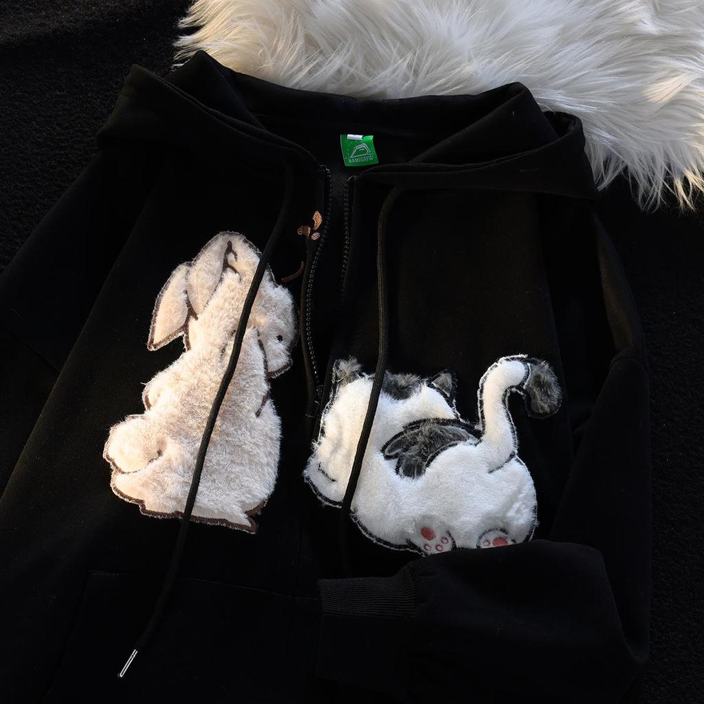 American Vintage Cartoon Embroidered Short-Sleeve Hooded Sweatshirt - Loose Fit for Spring and Autumn