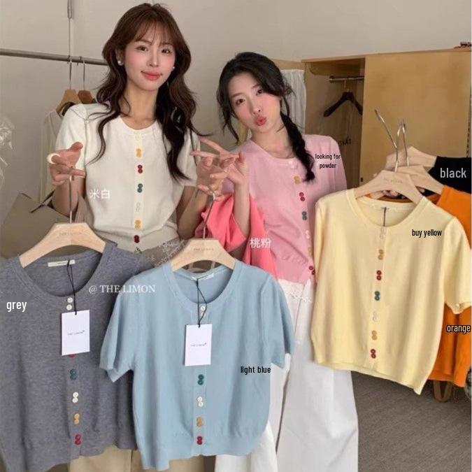 

Women s Petite Black Puff Sleeve Knit Ice Silk Top - Summer 2025, Round Neck, Straight Shoulder, Short Sleeves. One Size [High Quality]