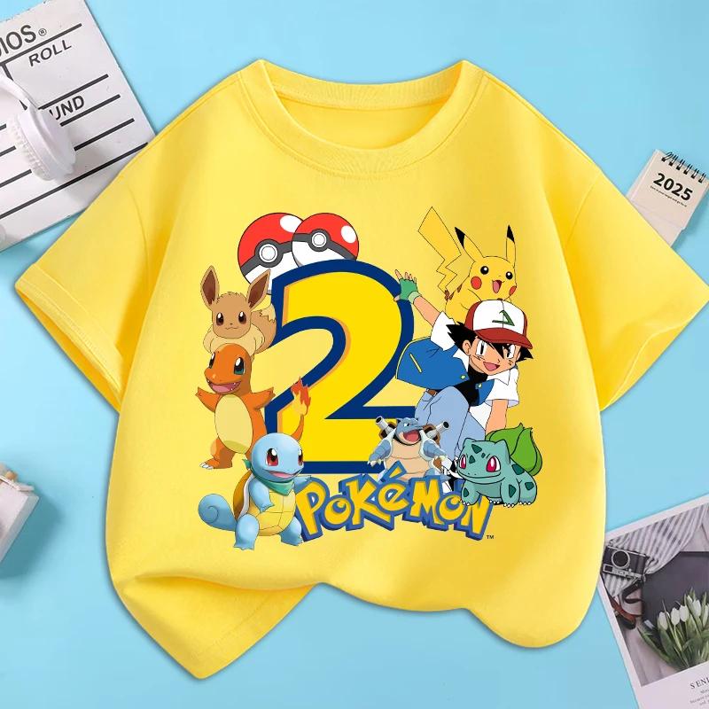 Pokemons Cartoon Number Birthday T-shirts Pikachu Anime Cute Short-sleeved Top Boys Girls Summer Fashion T-shirt Kids Clothes