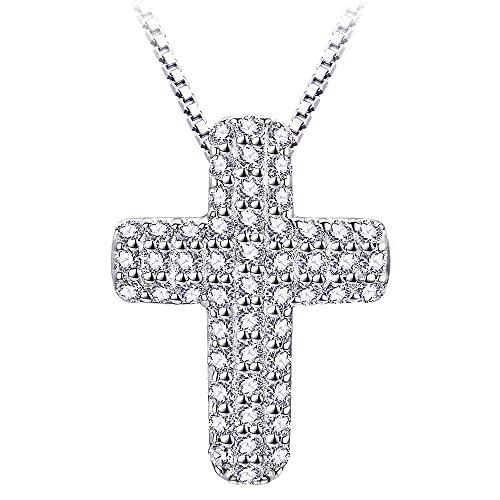 Takeda Jewelry Cross Pavé Necklace, Sterling Silver, 0.52 Carat, Highest Quality Cubic Zirconia, 45cm, Free Adjuster, Venetian Chain (White Gold)