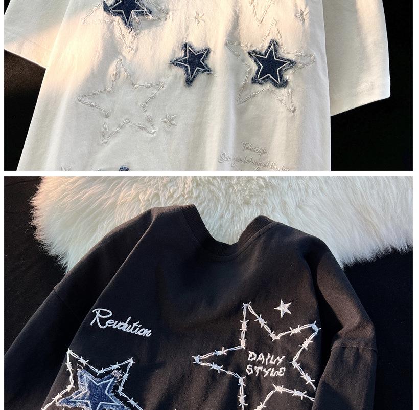 Unisex Embroidered Star Short-Sleeve T-Shirt, Pure Cotton, American Style, Trendy Loose Fit, Heavyweight Summer Tee