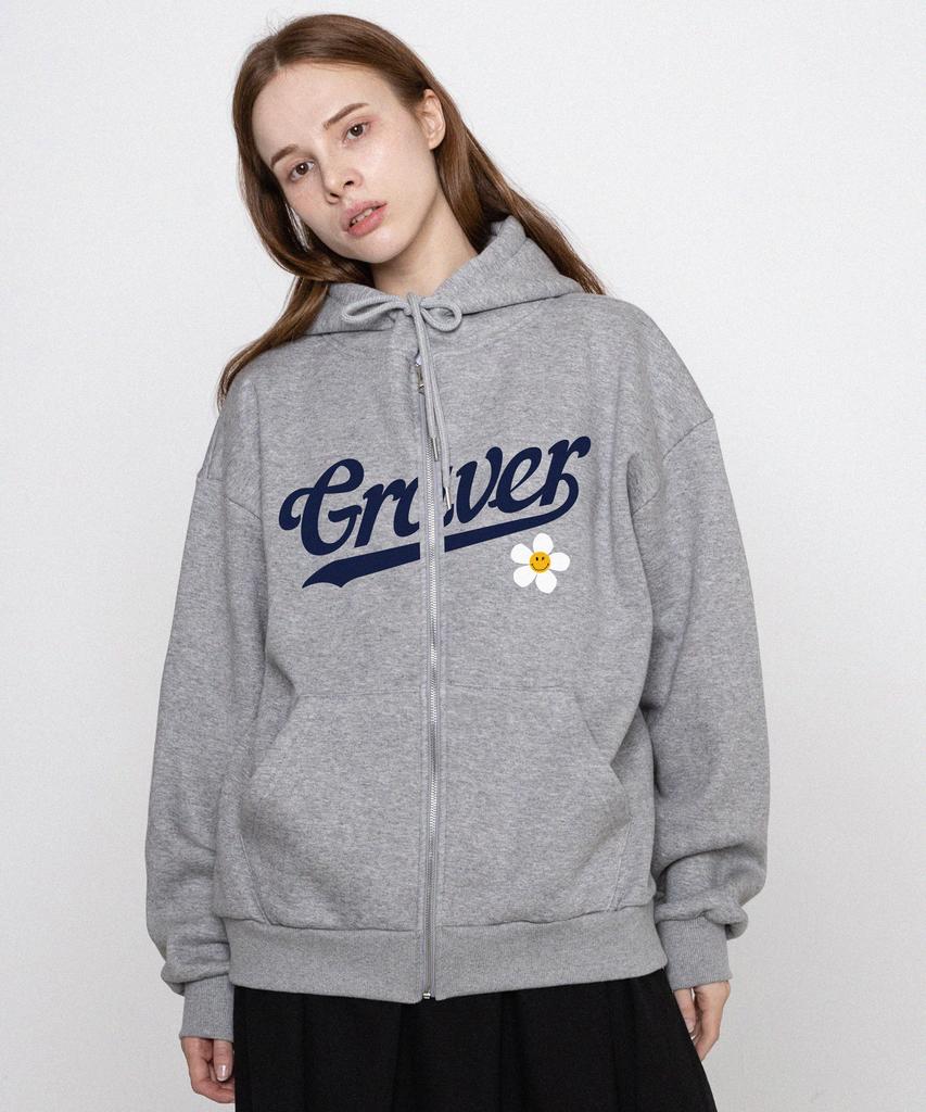 Graver [Unisex] Big Baseball Logo Flower Zip-Up Hoodie_Gray