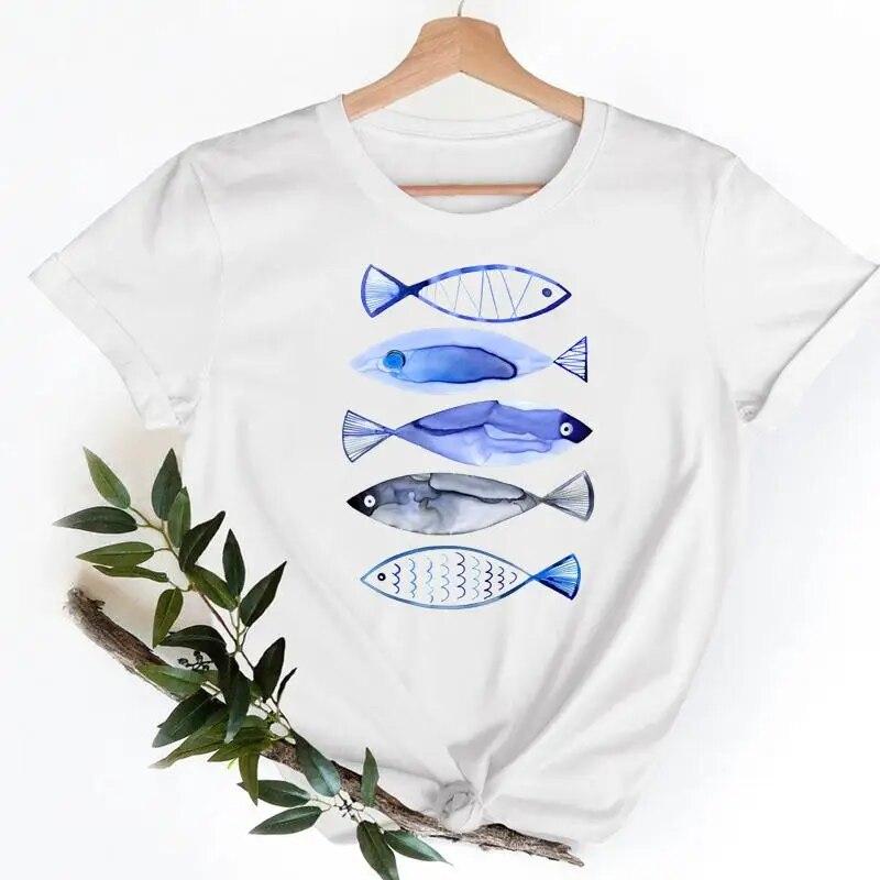 Tee Shirt T Fish Watercolor Printing Women Casual Fashion Tshirt Top Female Lady Clothes Short Sleeve Graphic T-shirts