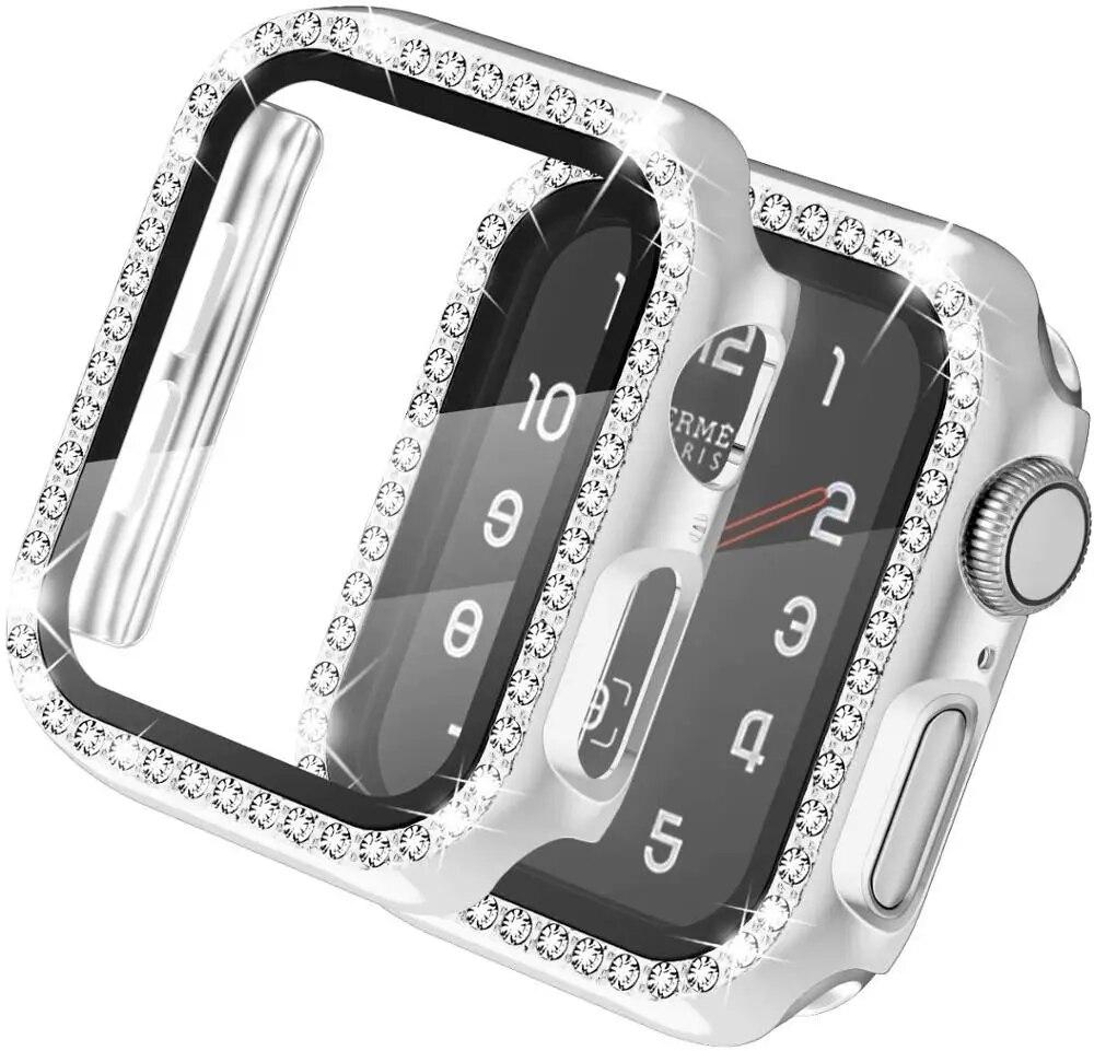 

Стекло + чехол для Apple Watch, чехол 49 мм, 45 мм, 44 мм, 42 мм, 38 мм, бампер, алмазный протектор, аксессуары iWatch series 9, 8, 7, 6, 5, 4, 3, 2 SE, 41 мм, 40 мм 45mm series 7