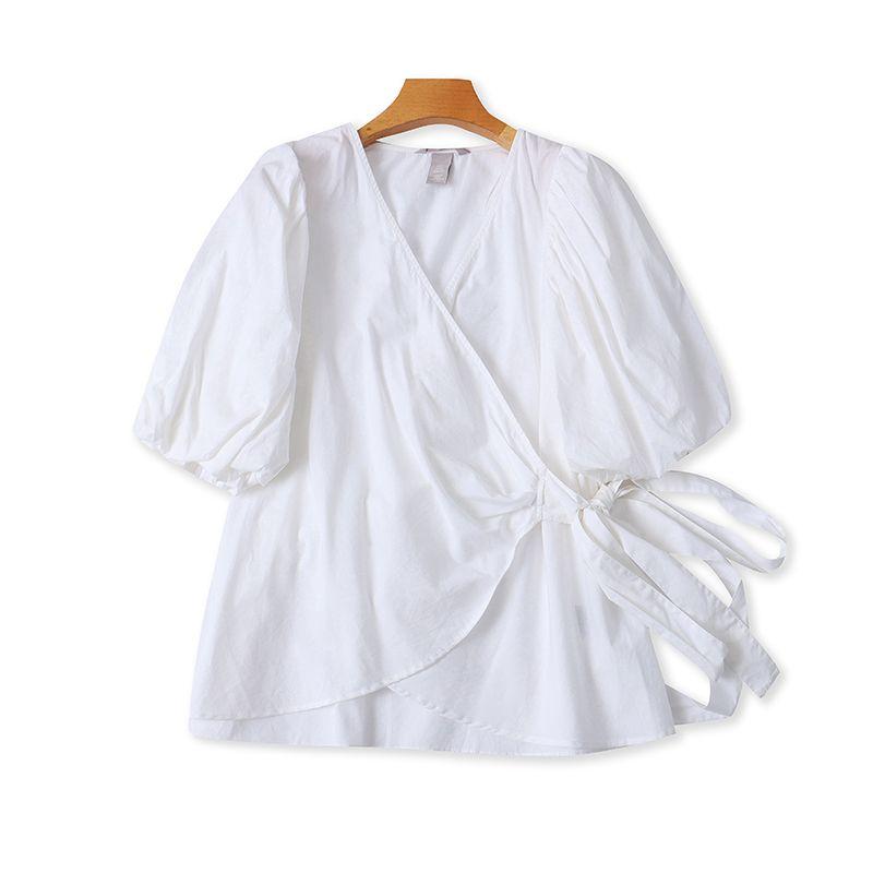 

Экспортная рубашка с V-образным вырезом и шнуровкой, рукавами-фонариками, летняя новинка, с короткими рукавами, милый кардиган, приталенный пуловер 17274 White XL