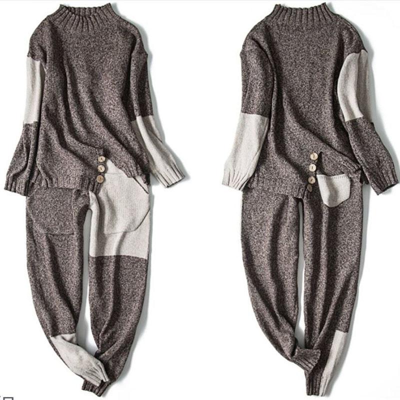 2ks/set Dvoudílná sada Pulovrový svetr Teplákové soupravy Dámské Svetr s nepravidelným lemem + úpletové kalhoty s vysokým pasem Dvoudílná sada Dámské zimní oblečení