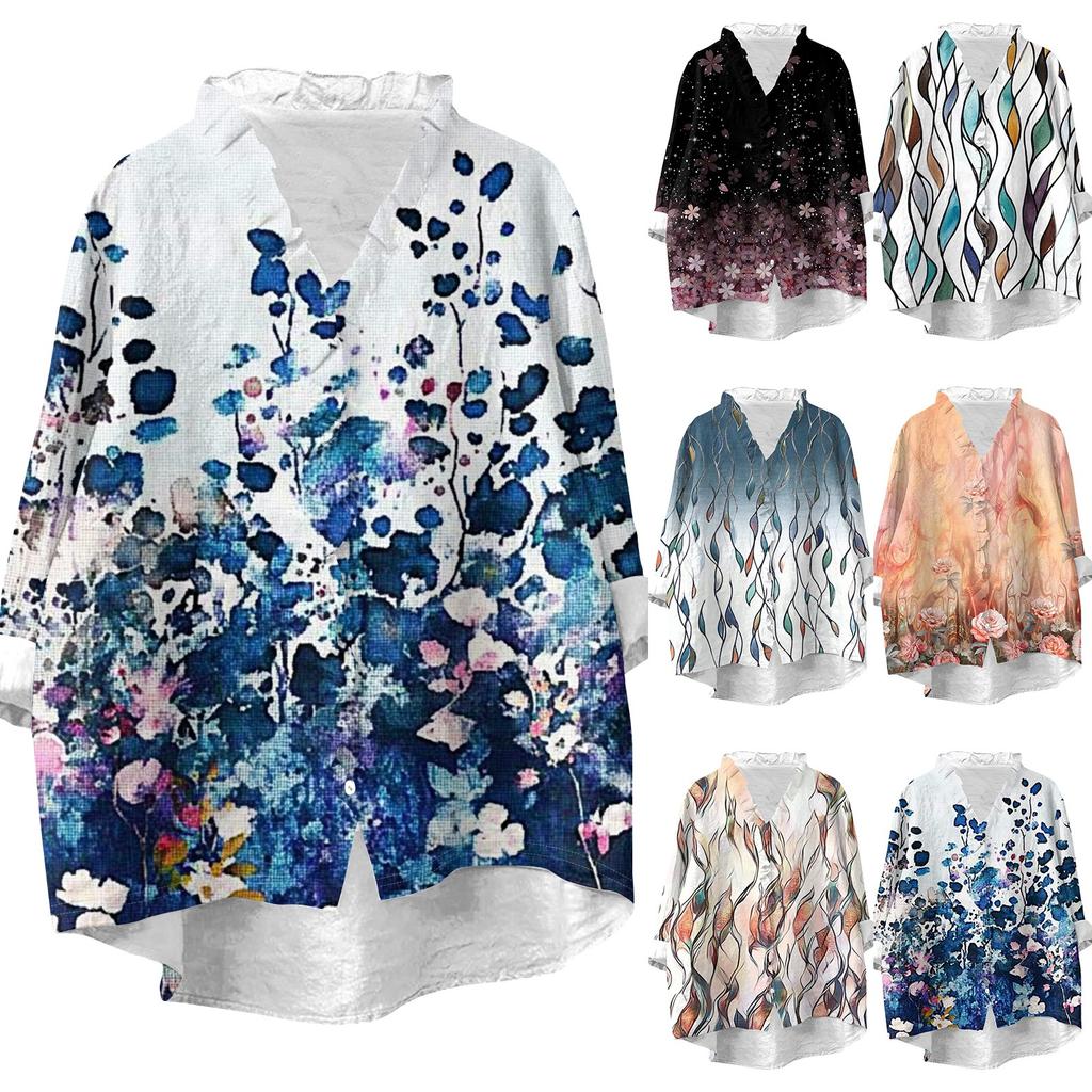 Women's Loose Ruffled Retro Floral Print Stand Collar Long Sleeve Cotton And Linen Top