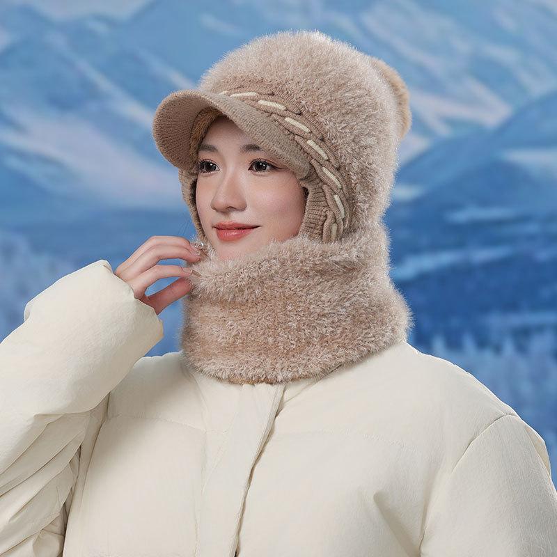 Fleece Verdickte Gestrickte Thermomütze Damen Wollmütze Outdoor Winddicht Halsbedeckung Einteilige Mütze