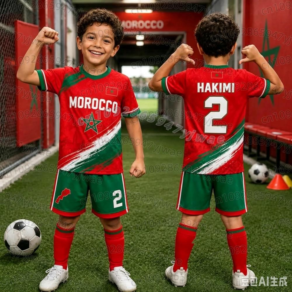 26 Bambini Ragazze Marocco Fan di Calcio Maglia Bandiera del Marocco Hakimi 10 Stampa T-Shirt Pantaloncini Set Tuta 2 Pezzi Set Genitore-Figlio