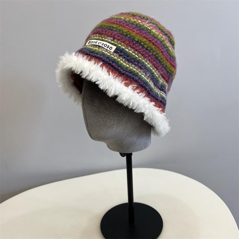 College Style Colored Stripes Contrasting Colors Knitted Bucket Hat Women Autumn and Winter Warm Ear Protection Plush Edge Basin Hat