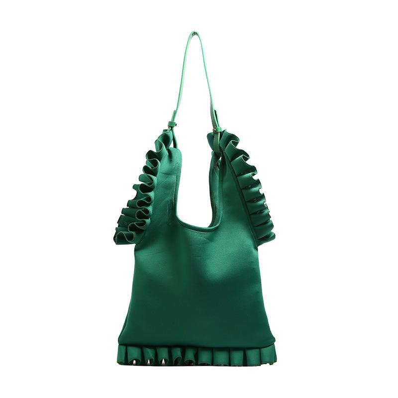 Korean Fashion Large Capacity Shoulder Bag Handbag Pleated Ruffle Trim Bright Solid Color Underarm Bag for Women