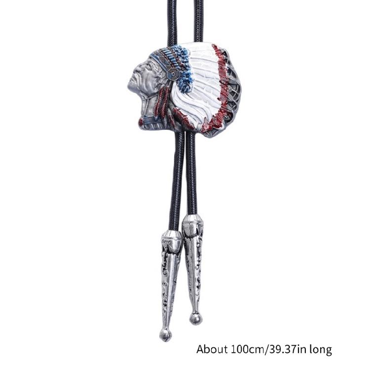 Mens Bolo Tie Indian Head Feathered Western Cowboy Necklace Jewelry Shirt Chain