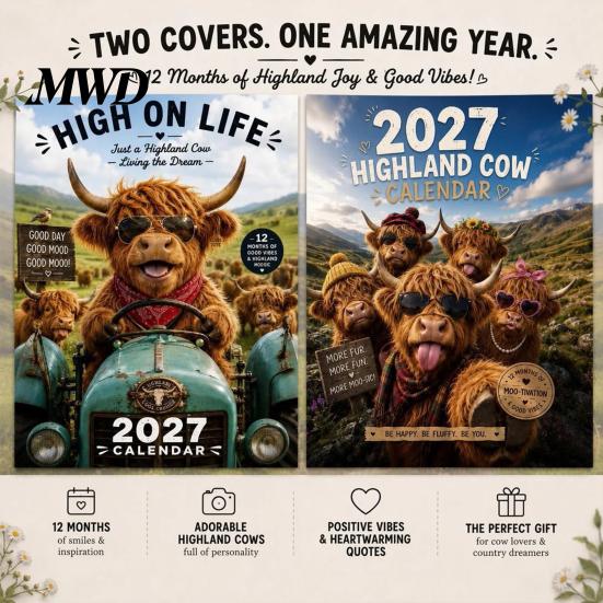Kancelářský nástěnný kalendář 2027 Vtipný kalendář s vysočinskou kravou, Roztomilé hospodářské zvíře, 12měsíční dárek pro milovníky, Skotský plánovač, Rustikální domácí dekorace, Umění, Obývací pokoj
