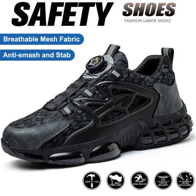 Sapatos de Segurança Protetores Masculinos Tênis com Biqueira de Aço Amortecimento a Ar Calçados de Trabalho Masculino Botas de Segurança para Trabalho Resistentes à Perfuração Calçados com Botão Giratório