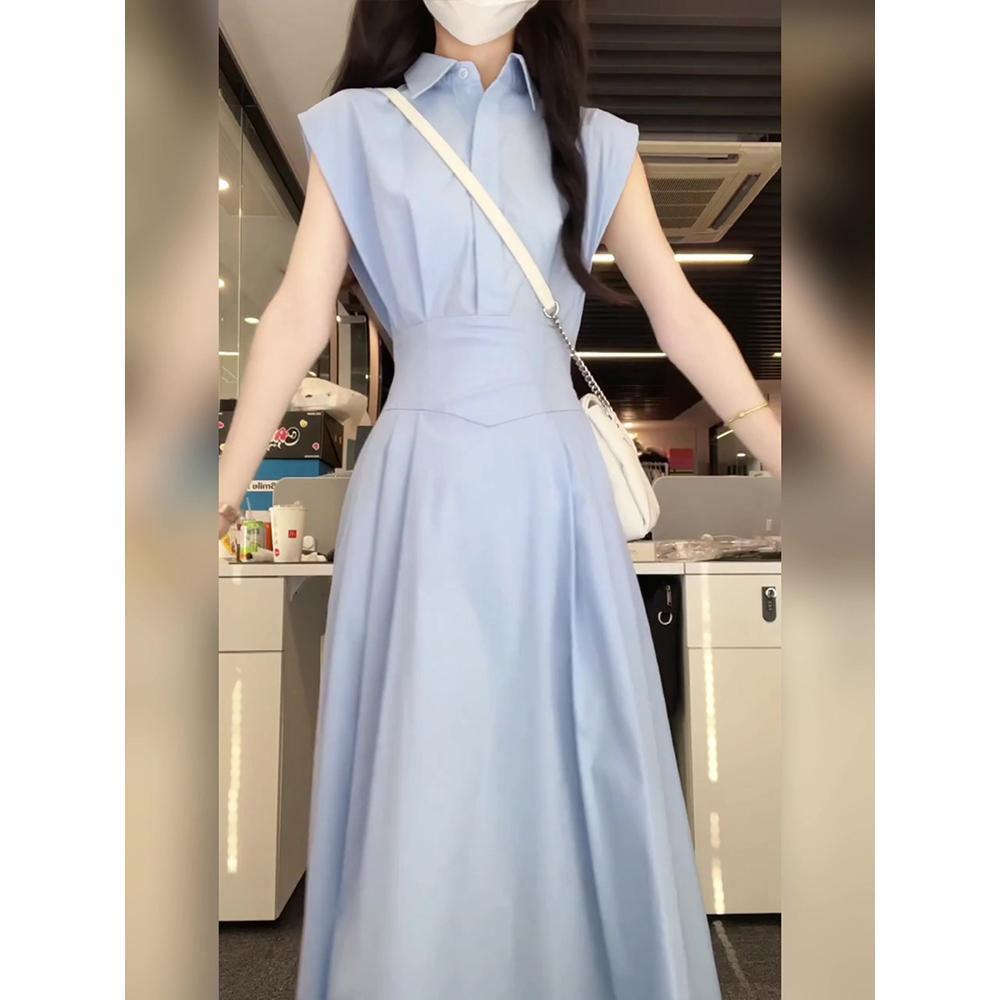 Summer Women's Blue Dress Fashion Girly Style Small Long Dress