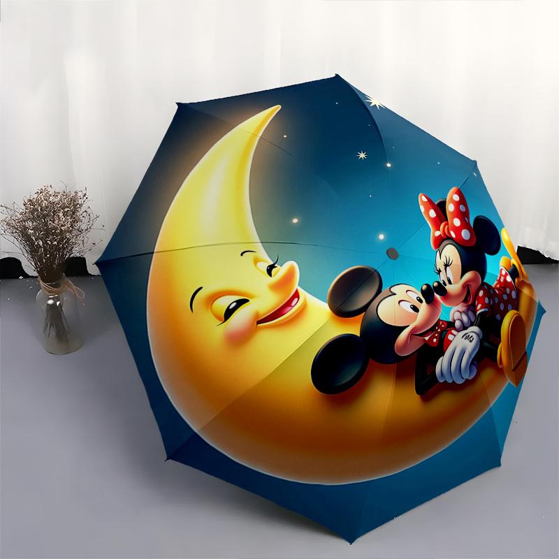 Automatický otevírací a zavírací deštník Mickey a Minnie, Kompaktní cestovní deštník, Lehký a přenosný, Vhodný na pláž, dojíždění, do práce