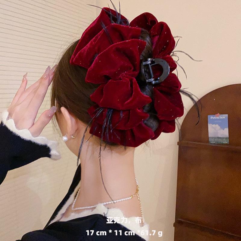 New Year Red Autumn and Winter Velvet Bead Diamond Bow Hairpin Sweet Internet Celebrity Head Senior Hair Accessories