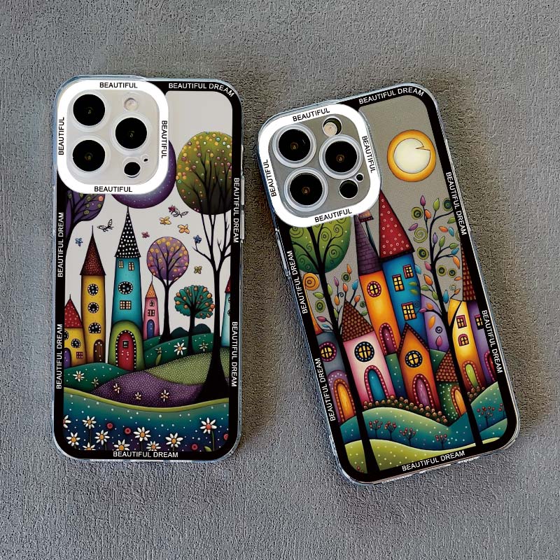Hand Painted Forest House Clear Phone Case For Iphone 13 12 Pro Max 15 14 Pro Max Plus 11 X XR XS 7 8 Plus SE2 Transparent Cover