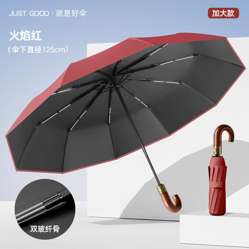 New 10-bone Automatic Oversized Umbrella Retro Umbrella Lettering Solid Wood Curved Handle Men's Dual-use