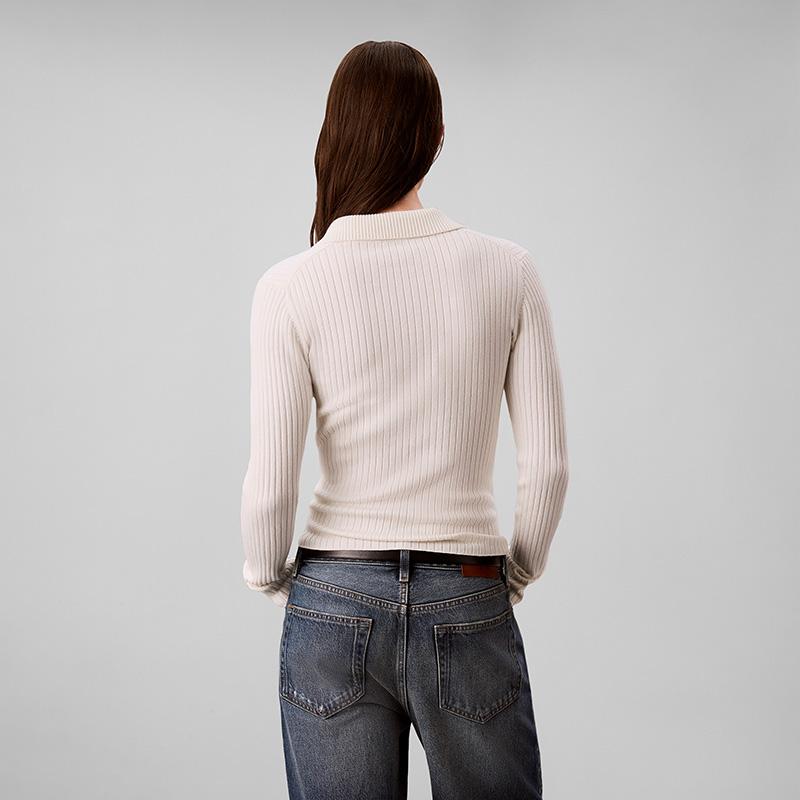 Calvin Klein Elegant Commuter Slim Fit Short Ribbed Seagull Collar Polo Knit Top Women tops 47H339G